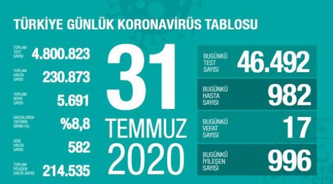 31 TEMMUZ 2020 TÜRKİYE KORONA TABLOSU