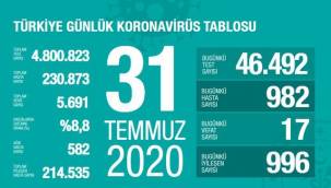 31 TEMMUZ 2020 TÜRKİYE KORONA TABLOSU