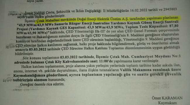 ÇITAK MAHALLESİ'NDE ÇED TOPLANTISI YAPILACAK