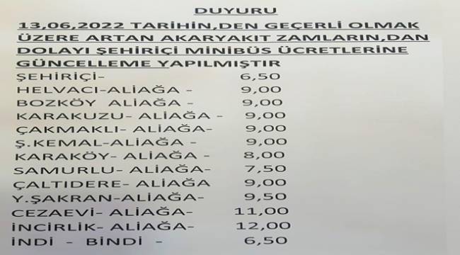 İZMİR'DE GEVREK VE BOYOZ,ALİAĞA'DA DA MİNİBÜS ÜCRETLERİ ZAMLANDI